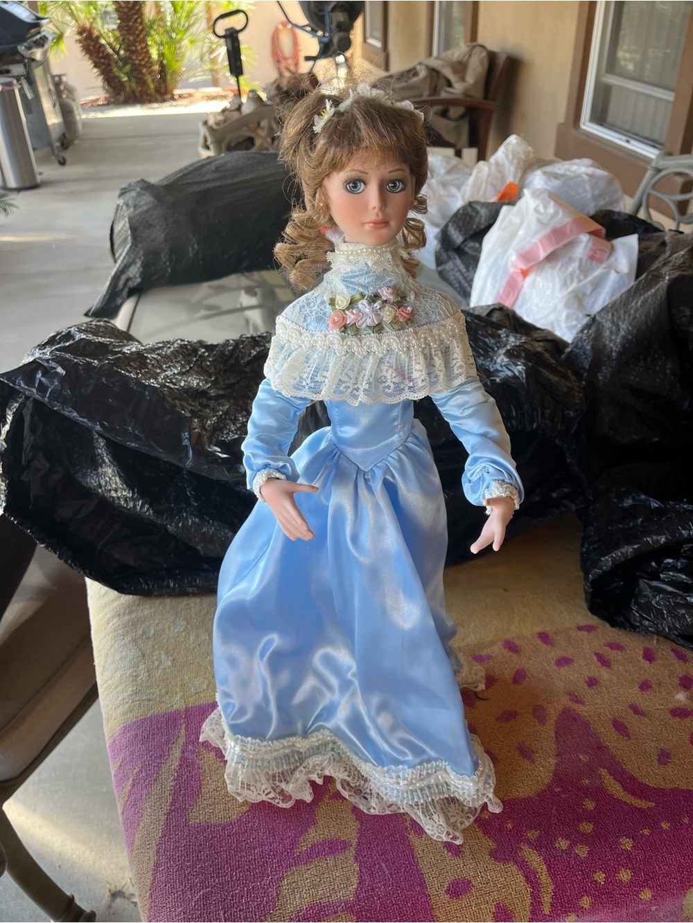 Collector Porcelain Doll in Light Blue Lace Dress
